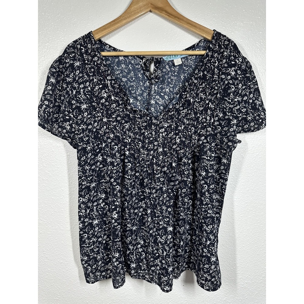 Anna & Ava Blouse Womens Large Floral Pleated Short Sleeve Lightweight Top